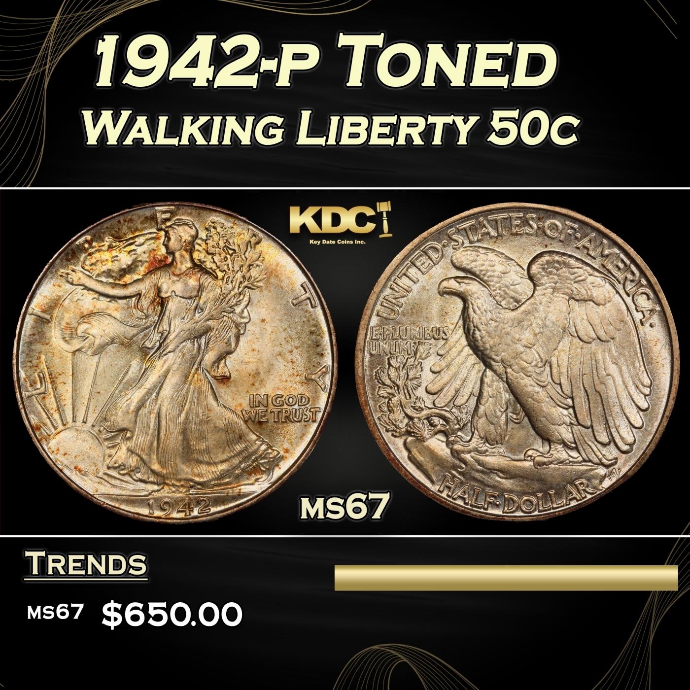 1942-p Walking Liberty Half Dollar Toned 50c ms67 SEGS