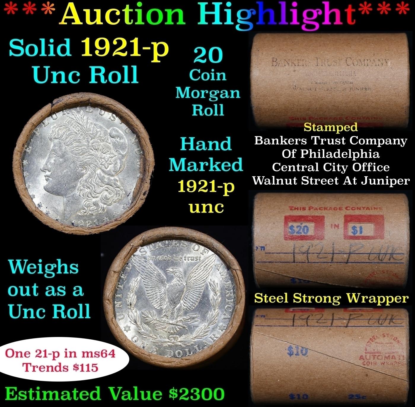 Full solid date 1921-p Uncirculated Morgan silver dollar roll, 20 coins