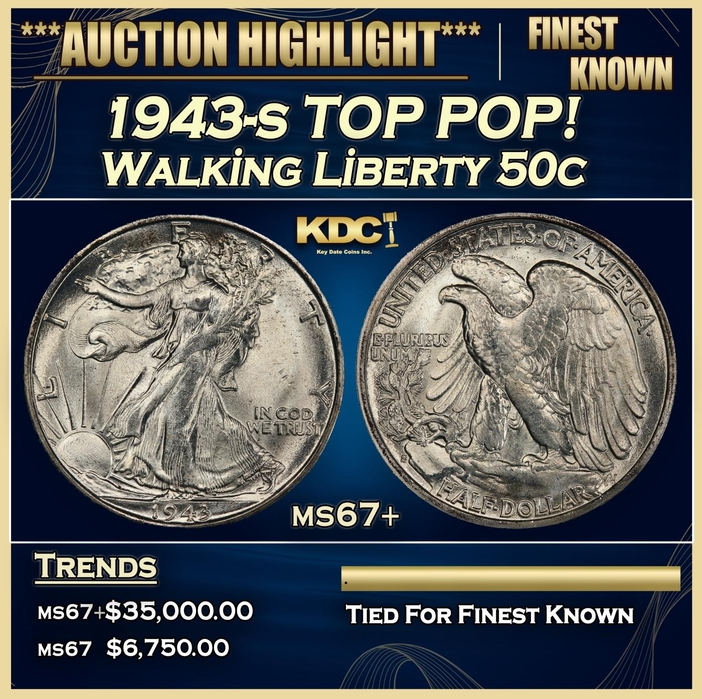 1943-s Walking Liberty Half Dollar TOP POP! 50c ms67+ SEGS