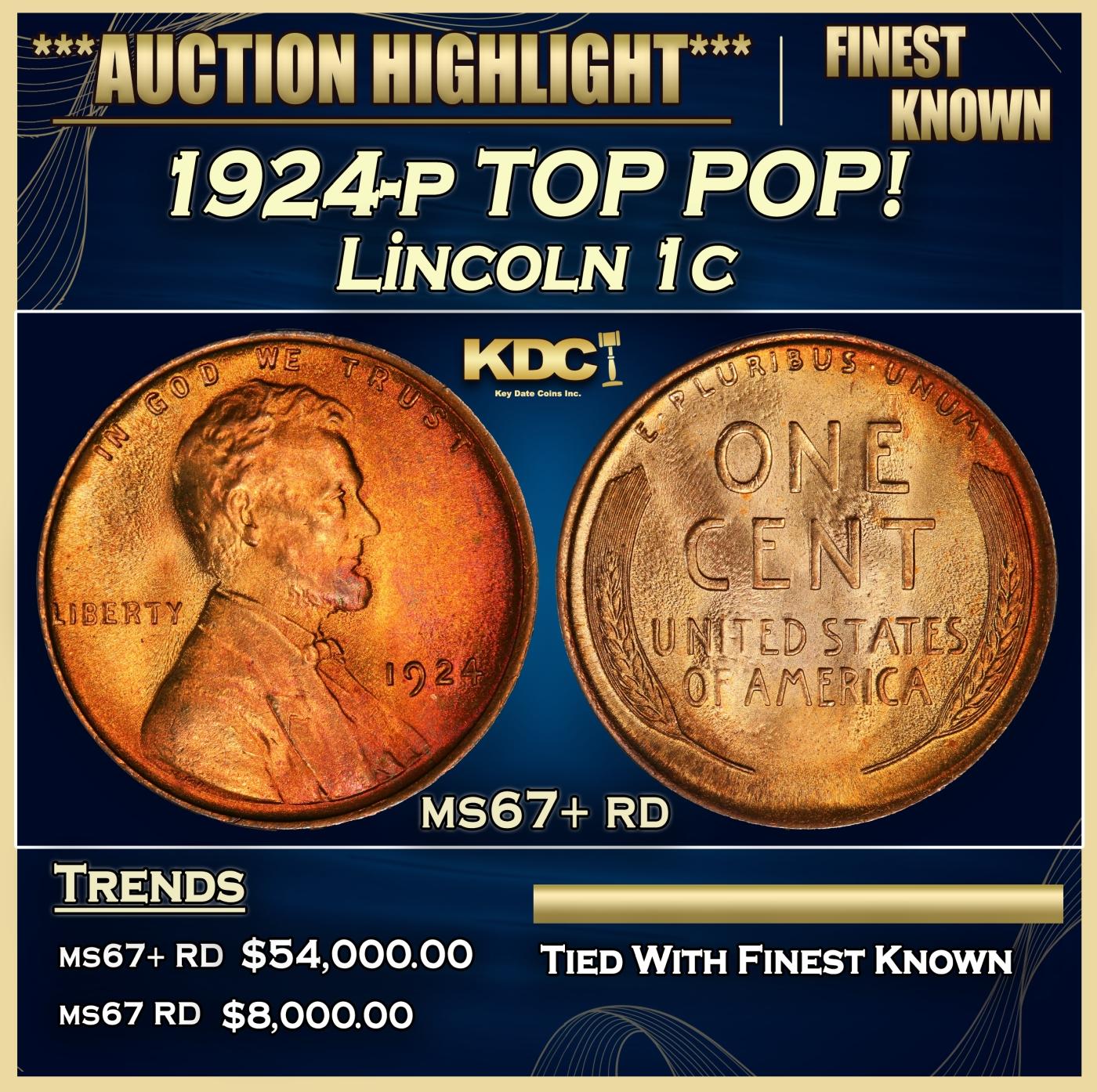 1924-p Lincoln Cent TOP POP! 1c ms67+ rd SEGS