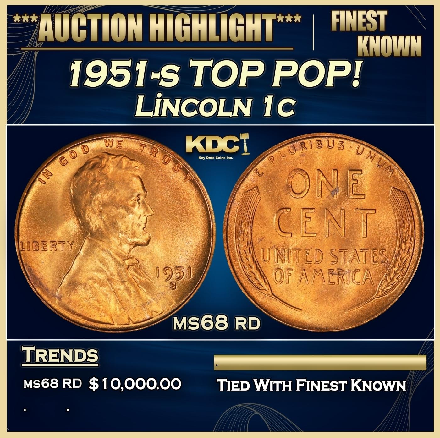 1951-s Lincoln Cent TOP POP! 1c ms68 rd SEGS