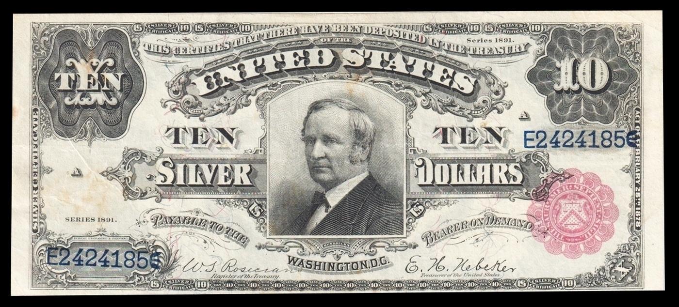 1891 $10 Red Seal Silver Certificate "Tombstone" Grades xf Signatures Rosecrans/Nebeker