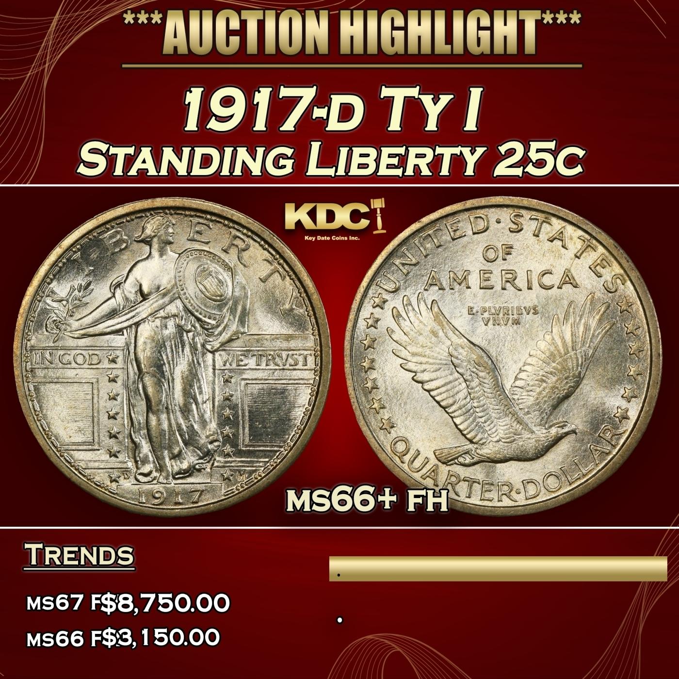 1917-d Ty I Standing Liberty Quarter 25c ms66+ fh SEGS