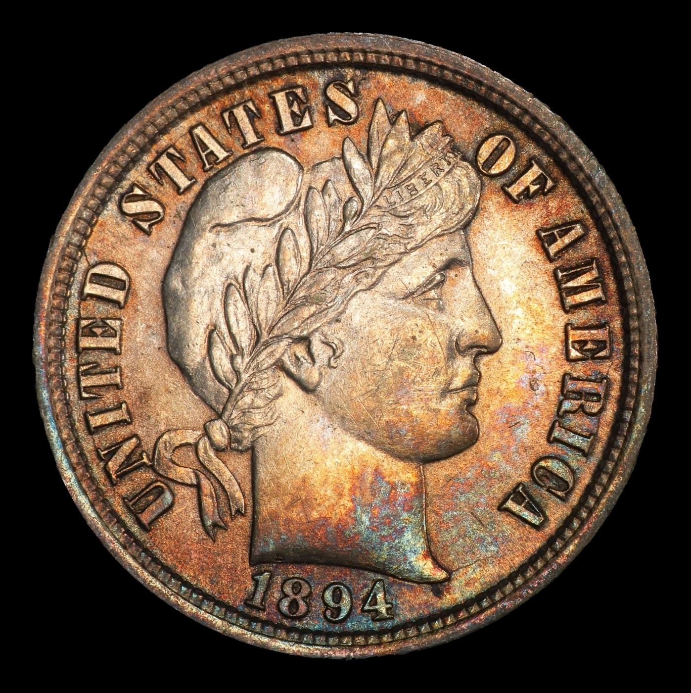 1894-p Barber Dime Rainbow Toned 10c ms64+ SEGS