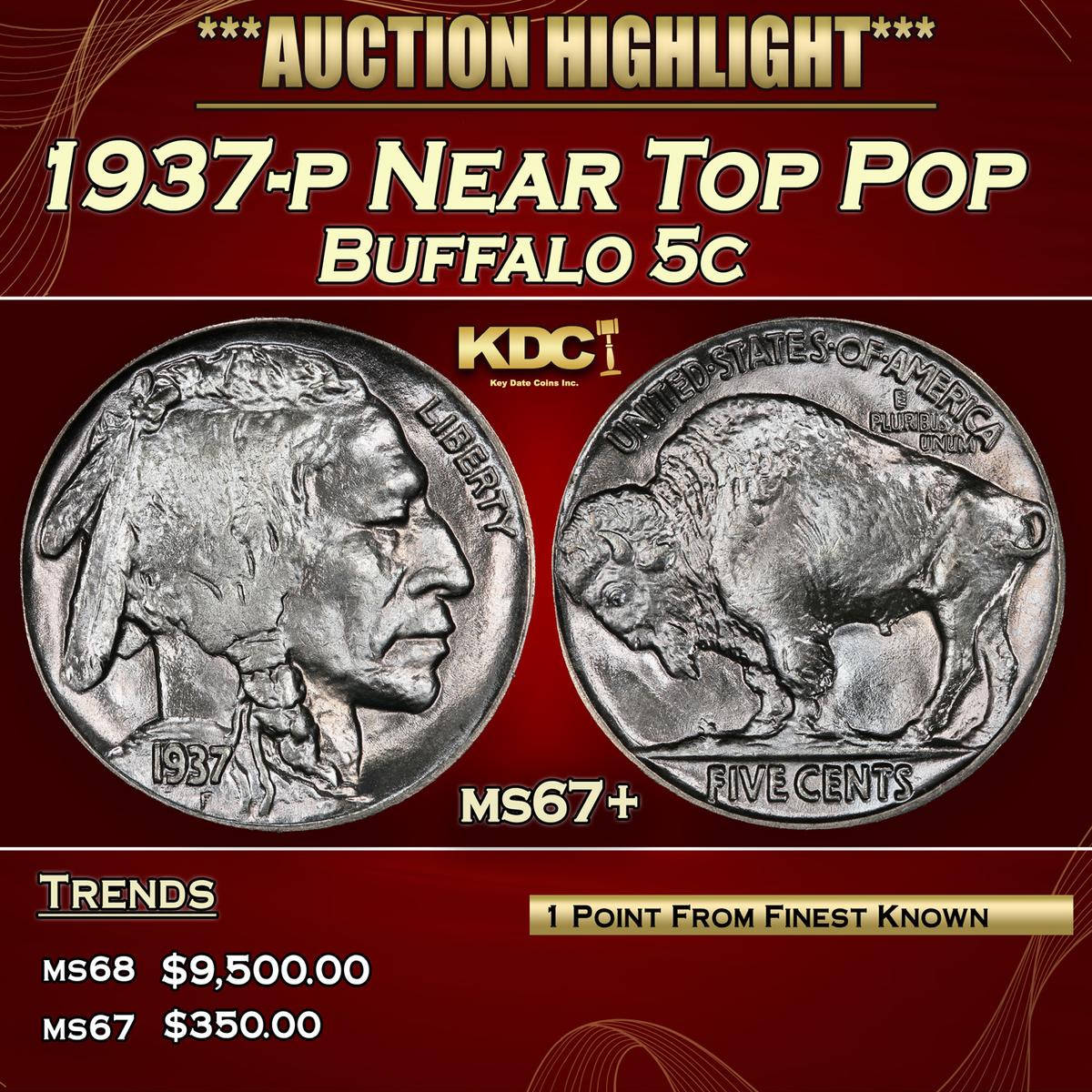1937-p Buffalo Nickel Near Top Pop 5c ms67+ SEGS