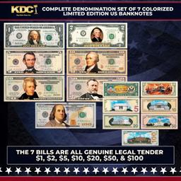 Complete Denomination Set of 7 Colorized 2-Sided US Banknotes ($1 to $100) The Bills Are Real Other