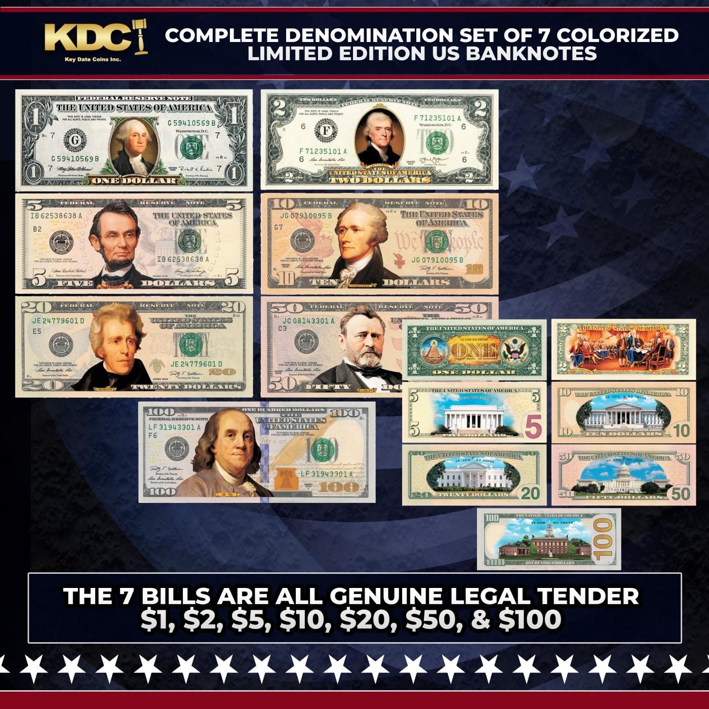 Complete Denomination Set of 7 Colorized 2-Sided US Banknotes ($1 to $100) The Bills Are Real Other