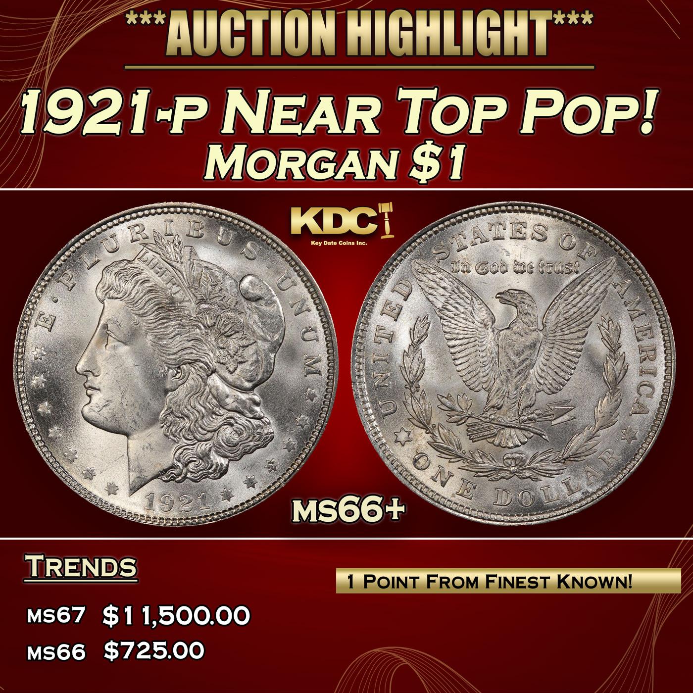 1921-p Morgan Dollar Near Top Pop! $1 ms66+ SEGS