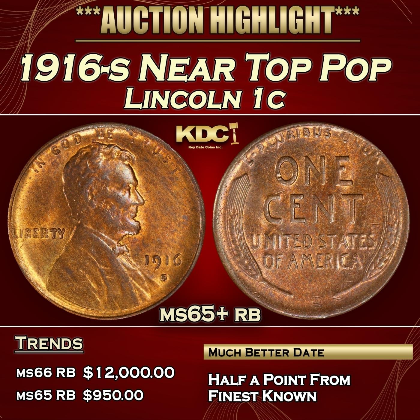 1916-s Lincoln Cent Near Top Pop 1c ms65+ rb SEGS