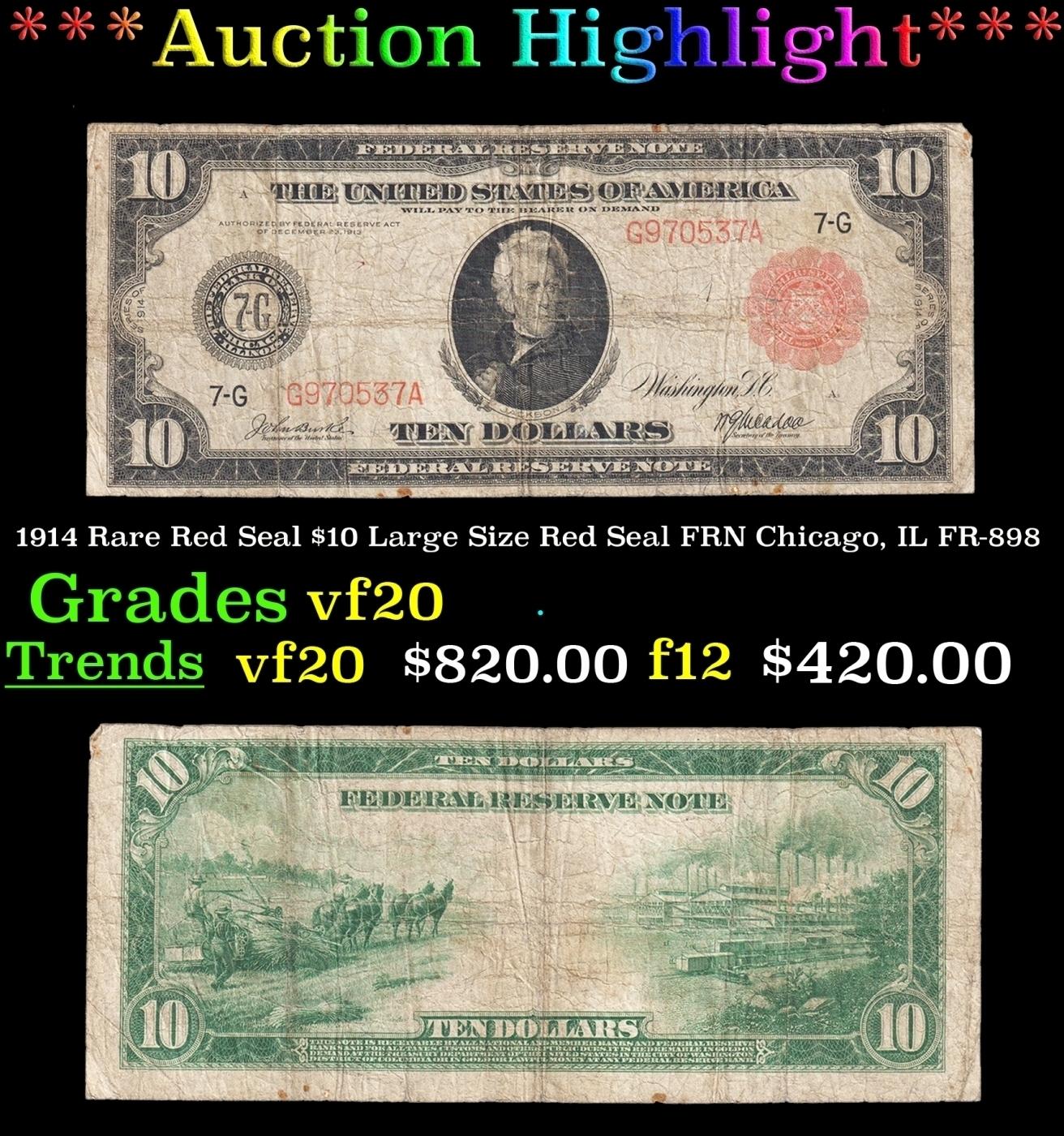 1914 $10 Large Size Red Seal FRN Rare Red Seal Chicago, IL Grades vf, very fine FR-898