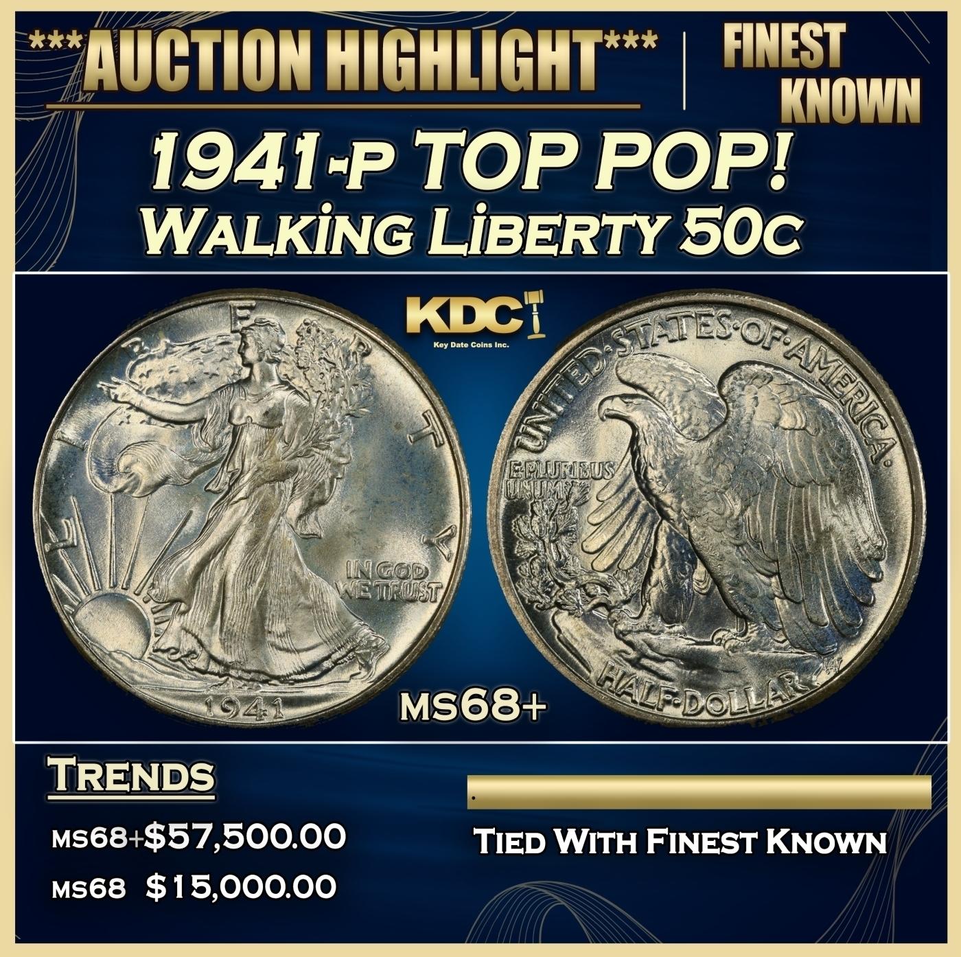 1941-p Walking Liberty Half Dollar TOP POP! 50c ms68+ SEGS