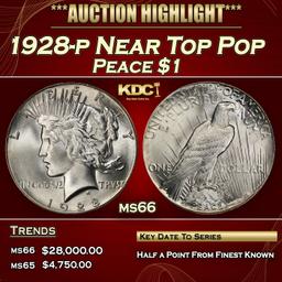 1928-p Peace Dollar Near Top Pop $1 ms66 SEGS