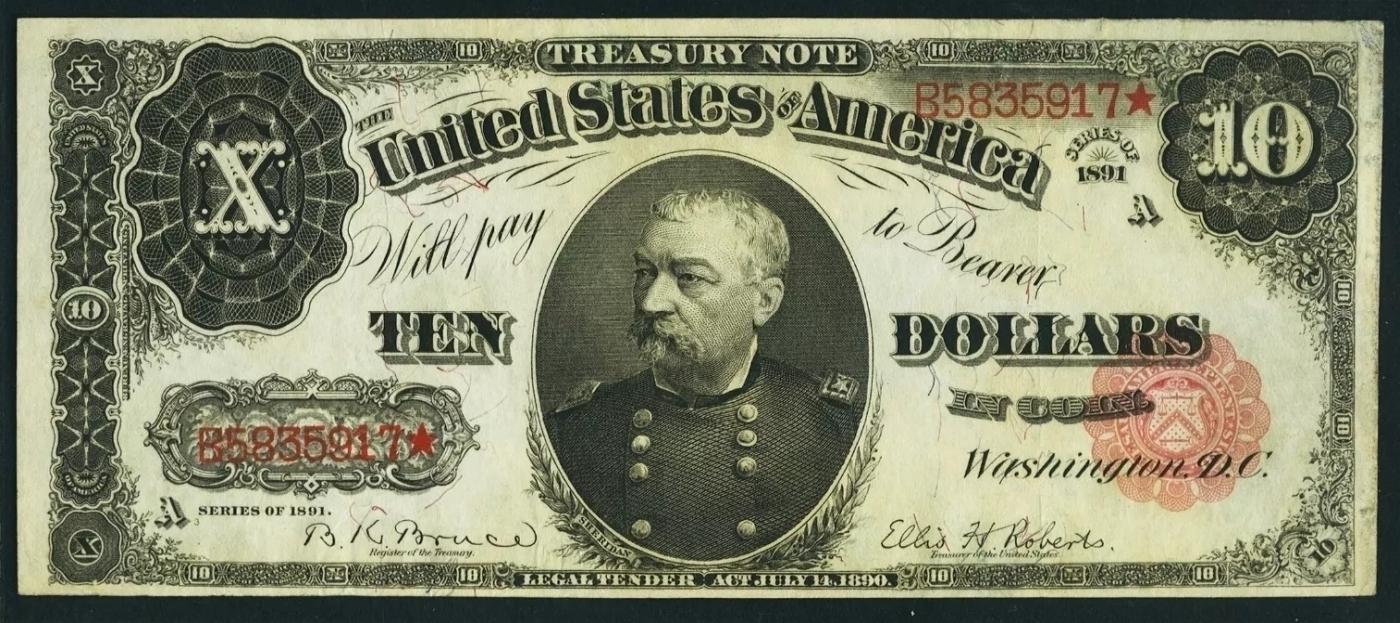 1891 $10 Treasury Note General General William Sheridan Grades au55 Signatures Bruce/Roberts