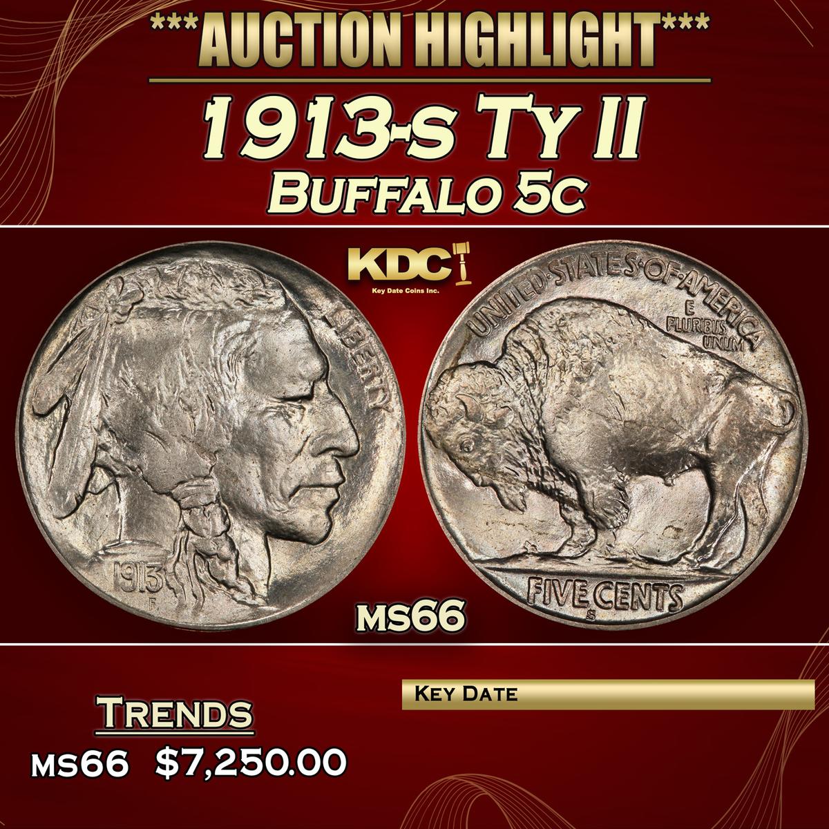 1913-s Ty II Buffalo Nickel 5c ms66 SEGS