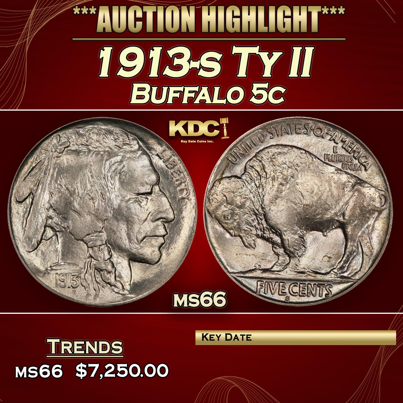 1913-s Ty II Buffalo Nickel 5c ms66 SEGS