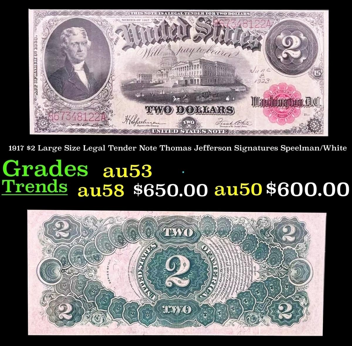 1917 $2 Large Size Legal Tender Note Thomas Jefferson Grades au53 Signatures Speelman/White