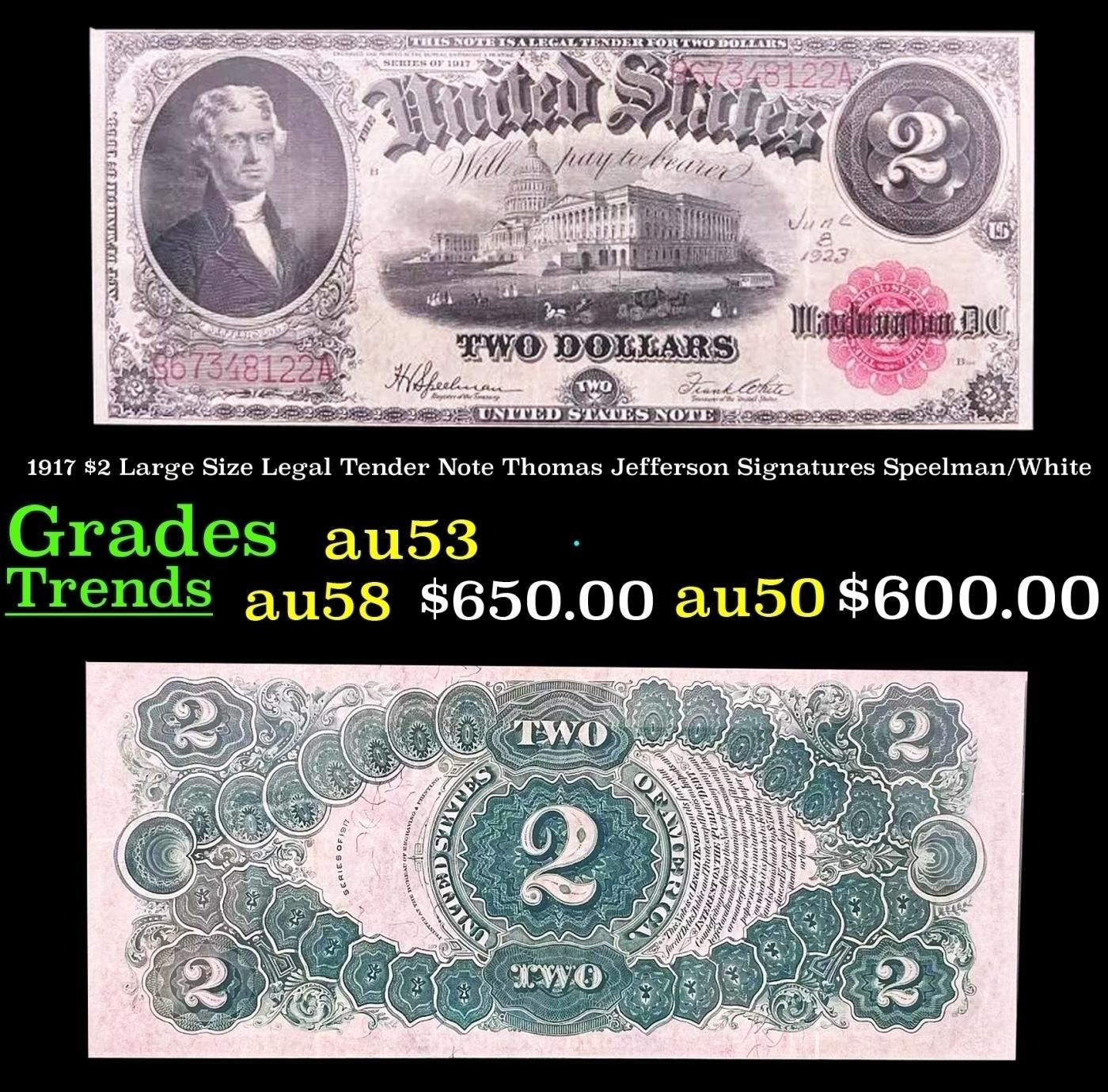 1917 $2 Large Size Legal Tender Note Thomas Jefferson Grades au53 Signatures Speelman/White
