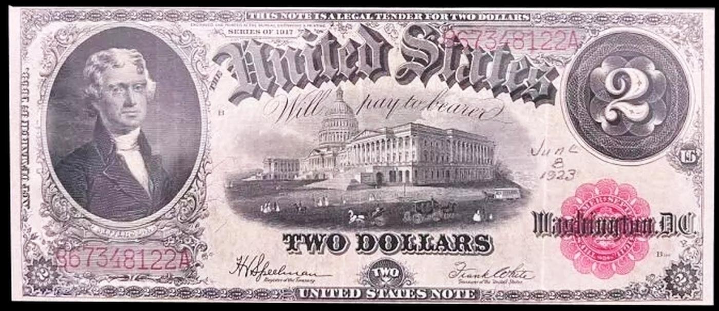 1917 $2 Large Size Legal Tender Note Thomas Jefferson Grades au53 Signatures Speelman/White