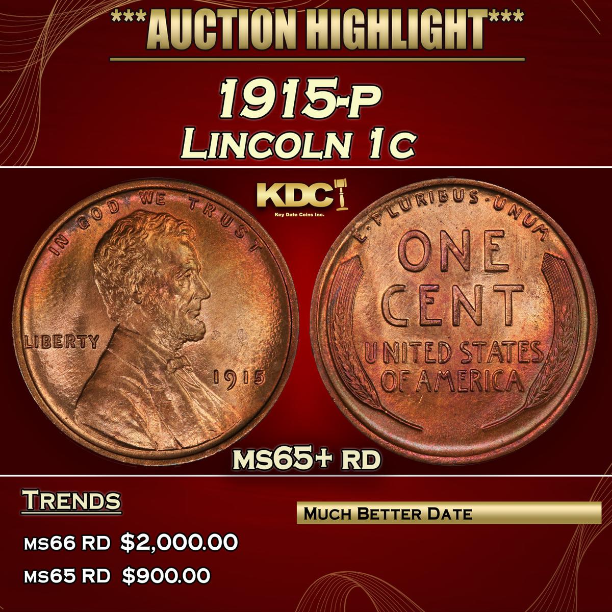 1915-p Lincoln Cent 1c ms65+ rd SEGS
