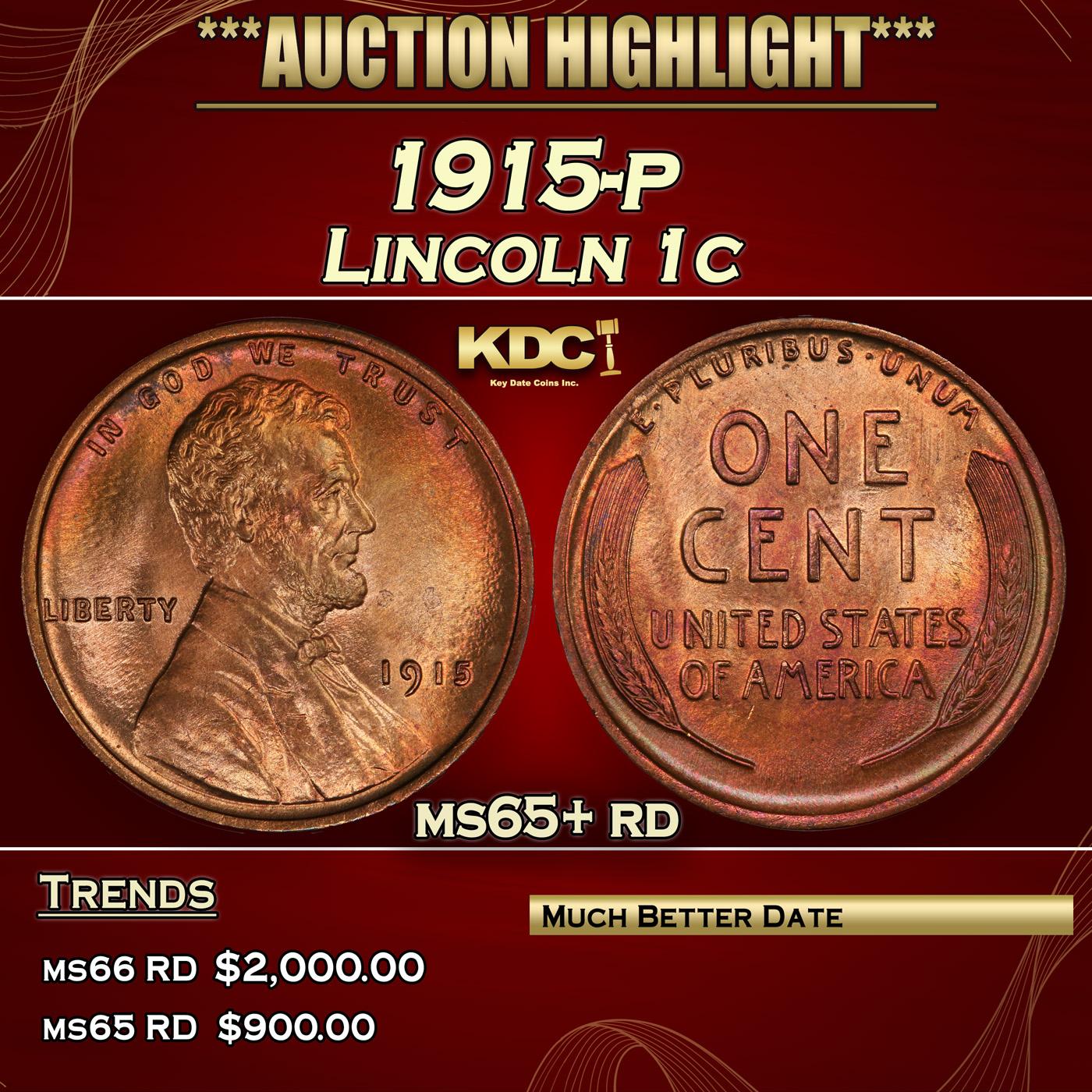 1915-p Lincoln Cent 1c ms65+ rd SEGS