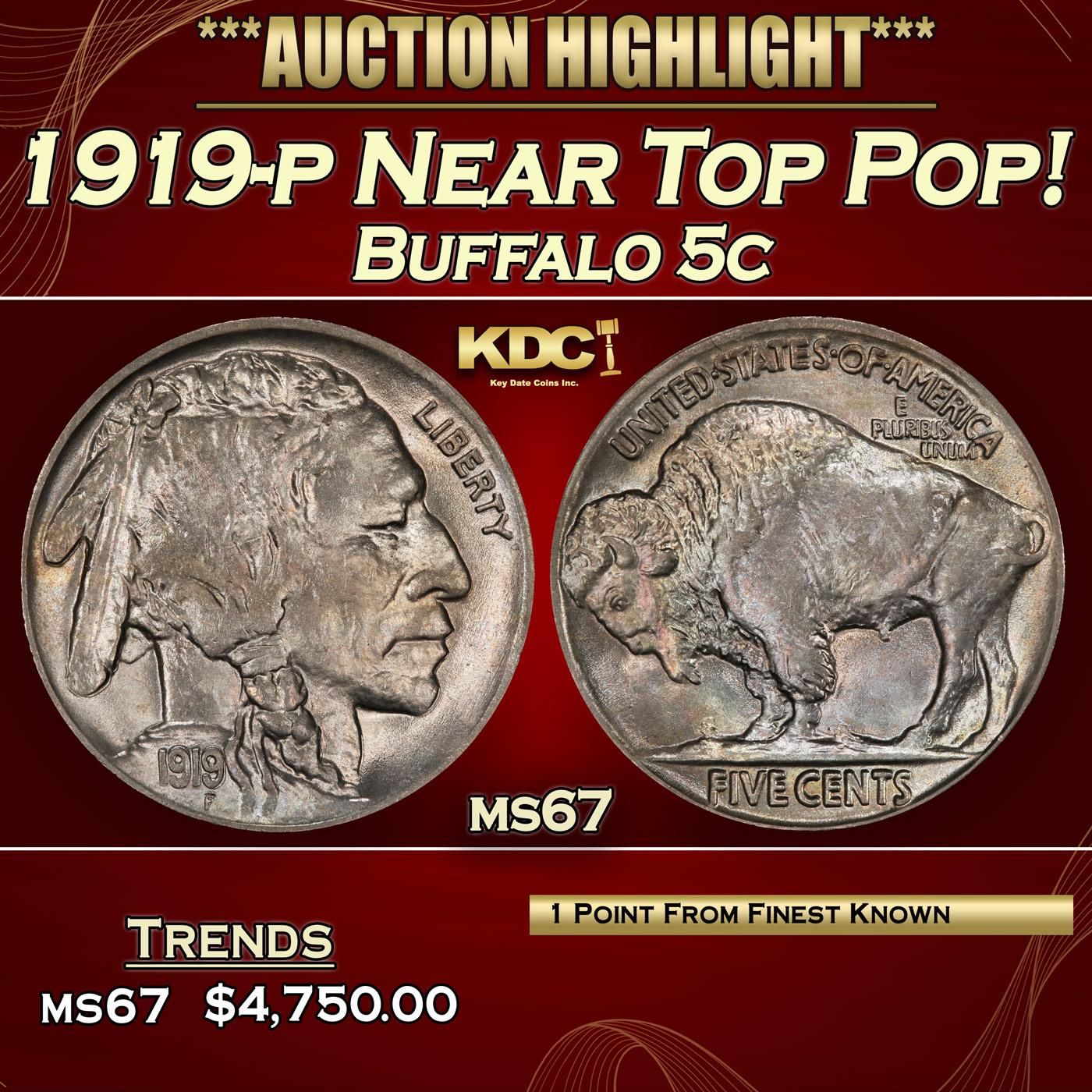 1919-p Buffalo Nickel Near Top Pop! 5c ms67 SEGS