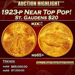 1923-p Gold St. Gaudens Double Eagle Near Top Pop! $20 ms65+ SEGS