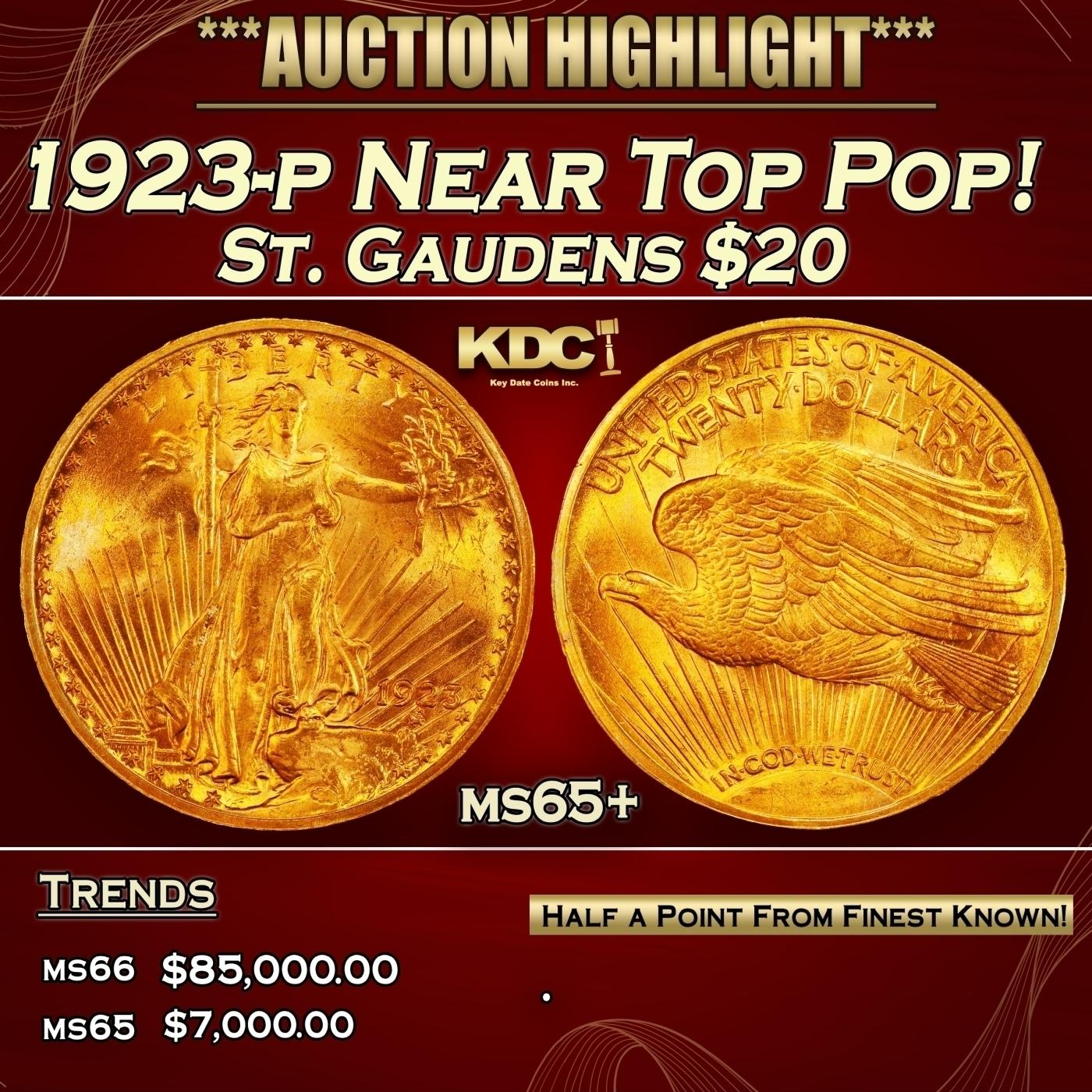 1923-p Gold St. Gaudens Double Eagle Near Top Pop! $20 ms65+ SEGS