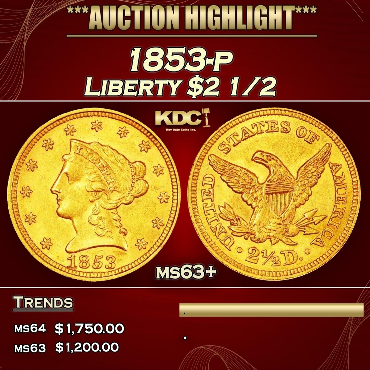 1853-p Gold Liberty Quarter Eagle $2 1/2 ms63+ USCG
