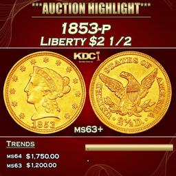 1853-p Gold Liberty Quarter Eagle $2 1/2 ms63+ USCG