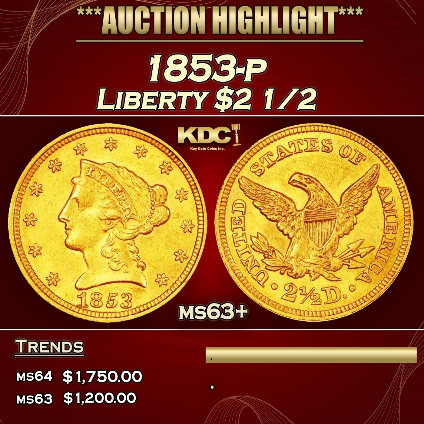 1853-p Gold Liberty Quarter Eagle $2 1/2 ms63+ USCG