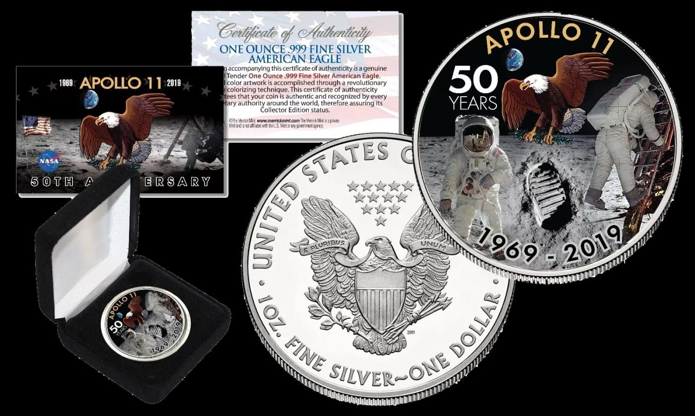 Apollo 11 50th Anniversary Colorized 1oz .999 Fine Silver Eagle $1 w/ Display Box & COA Other Toy