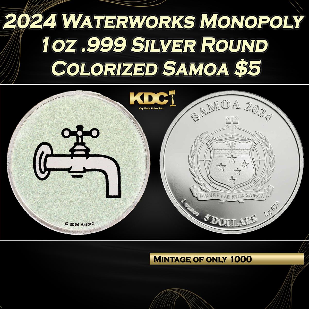 2024 Water Works Monopoly 1oz .999 Silver Round Colorized Samoa Round