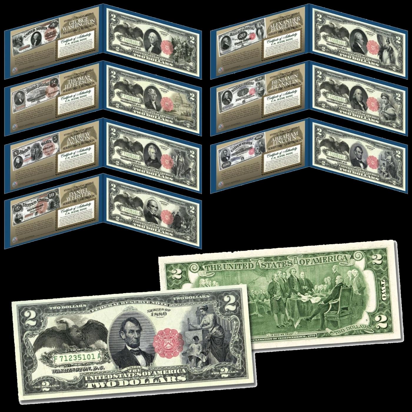 Set of 7 1880 Series Banknote Commemorative Hybrids on Modern $2 Bills Other Toy