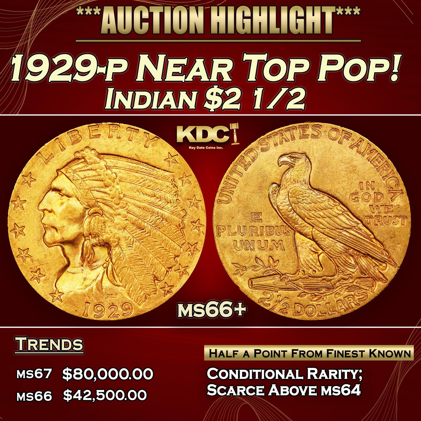 1929-p Gold Indian Quarter Eagle Near Top Pop! $2 1/2 ms66+ USCG