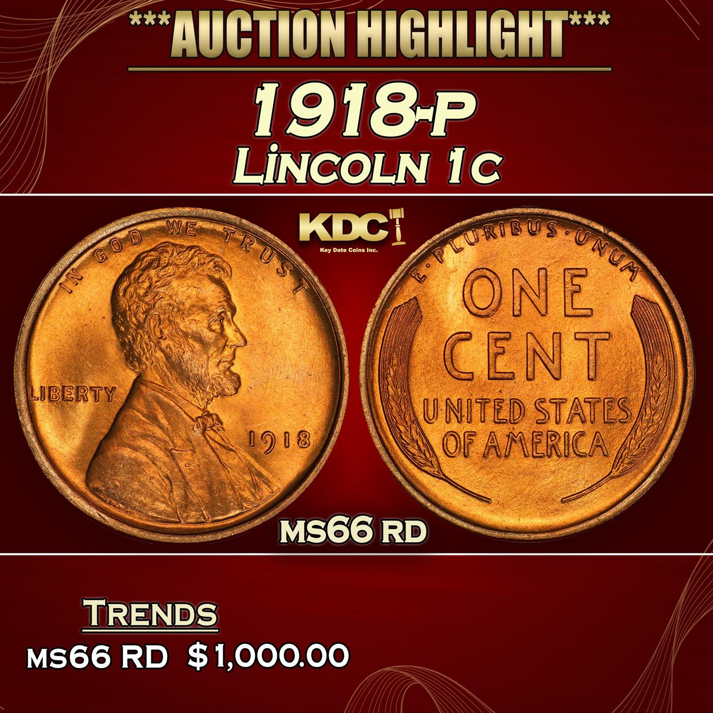 1918-p Lincoln Cent 1c ms66 rd SEGS