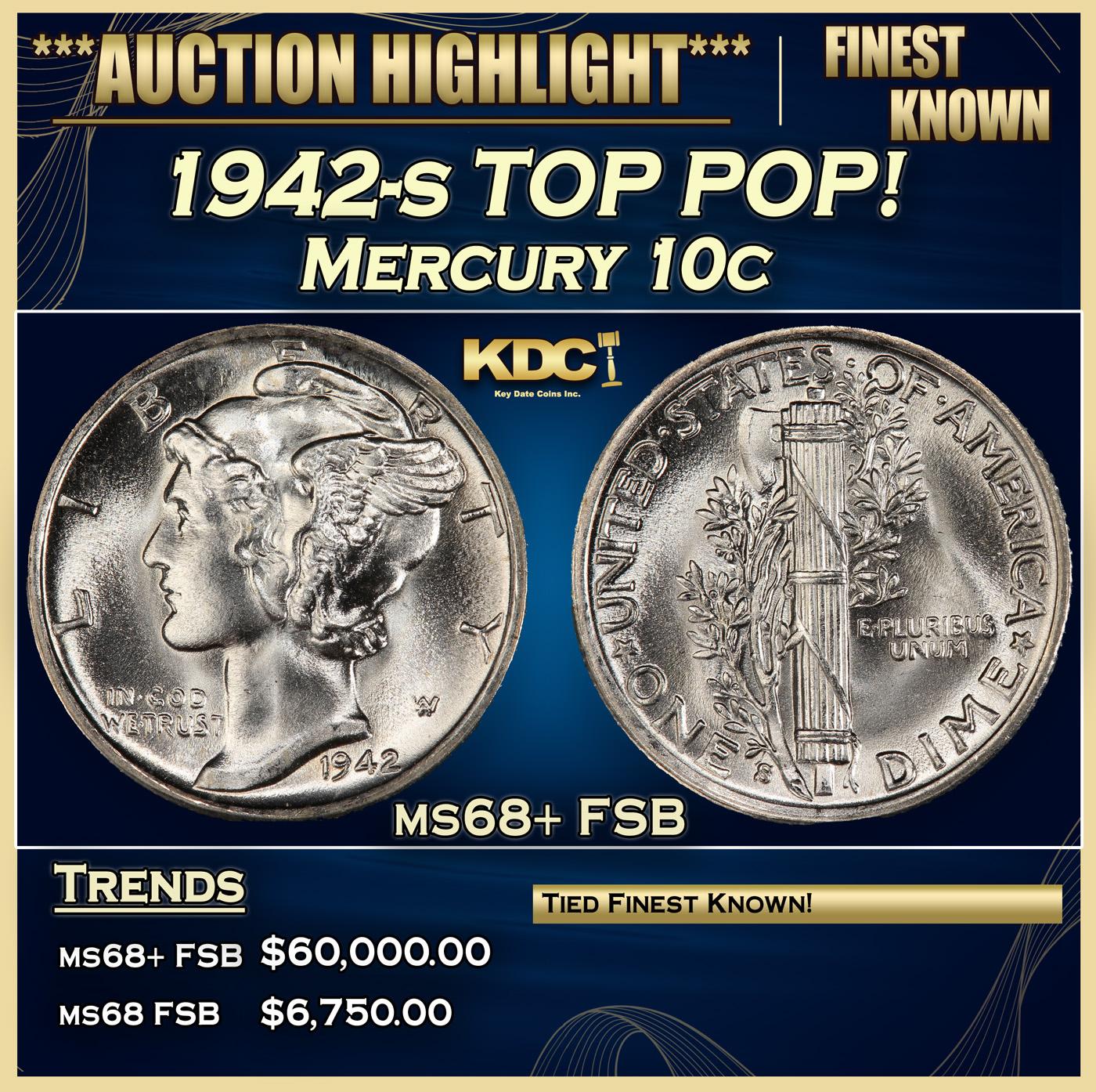 1942-s Mercury Dime TOP POP! 10c ms68+ FSB SEGS