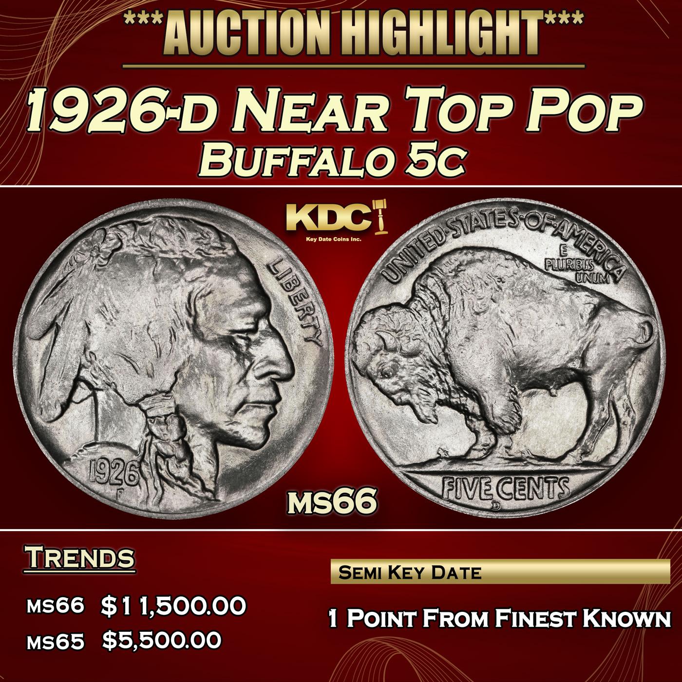 1926-d Buffalo Nickel Near Top Pop 5c ms66 SEGS