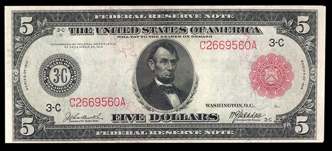 1914 $5 Large Size Red Seal FRN Rare Red Seal Grades xf FR-834