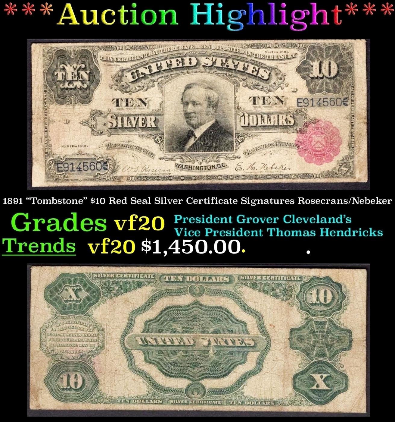 1891 $10 Red Seal Silver Certificate "Tombstone" Grades vf20 Signatures Rosecrans/Nebeker