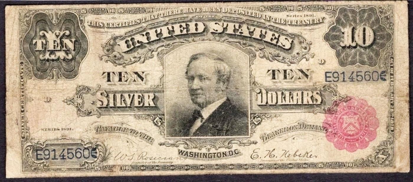 1891 $10 Red Seal Silver Certificate "Tombstone" Grades vf20 Signatures Rosecrans/Nebeker