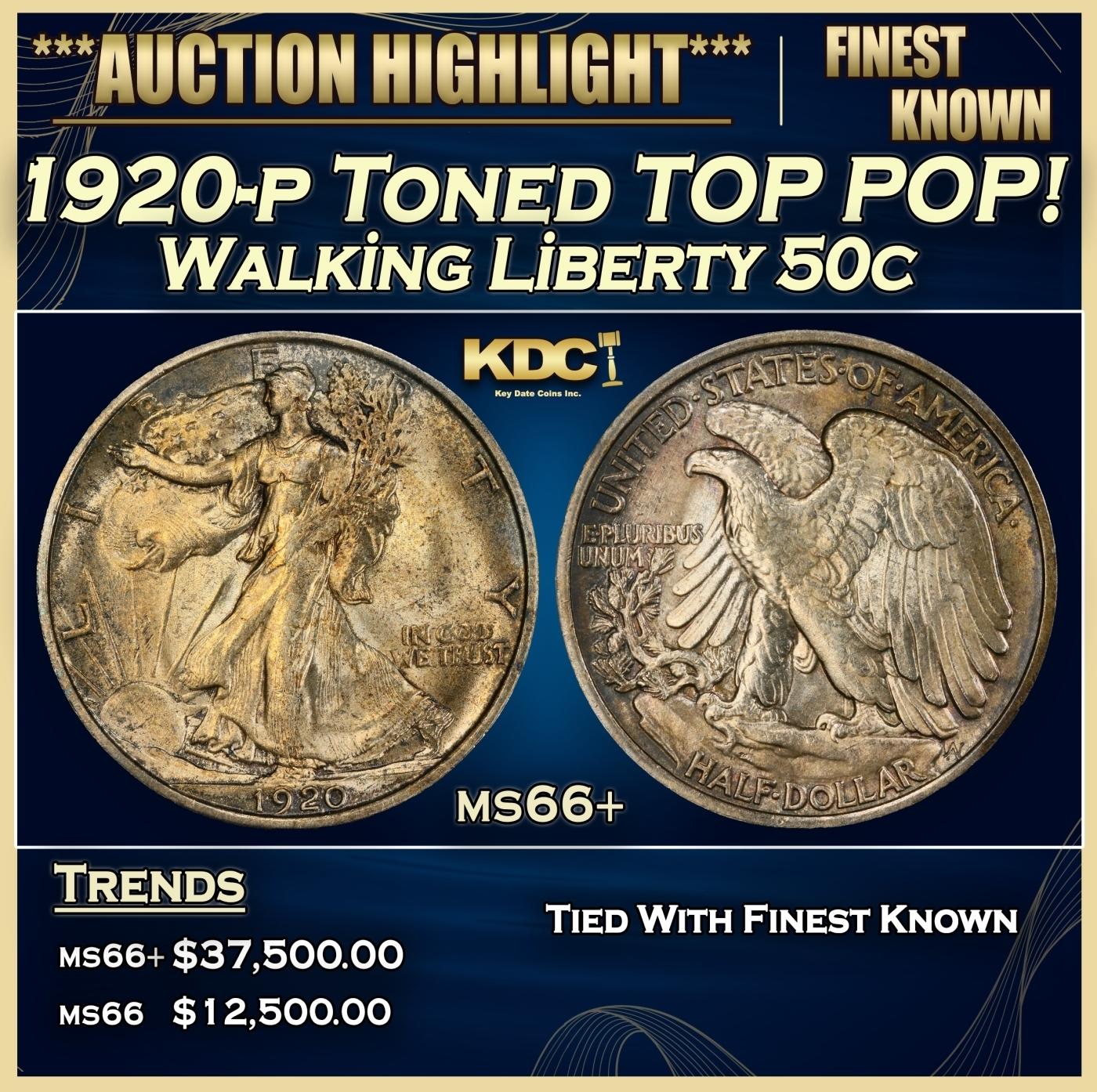 1920-p Walking Liberty Half Dollar Toned TOP POP! 50c ms66+ SEGS