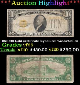 1928 $10 Gold Certificate Signatures Woods/Mellon Grades vf+