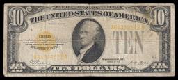 1928 $10 Gold Certificate Signatures Woods/Mellon Grades vf+