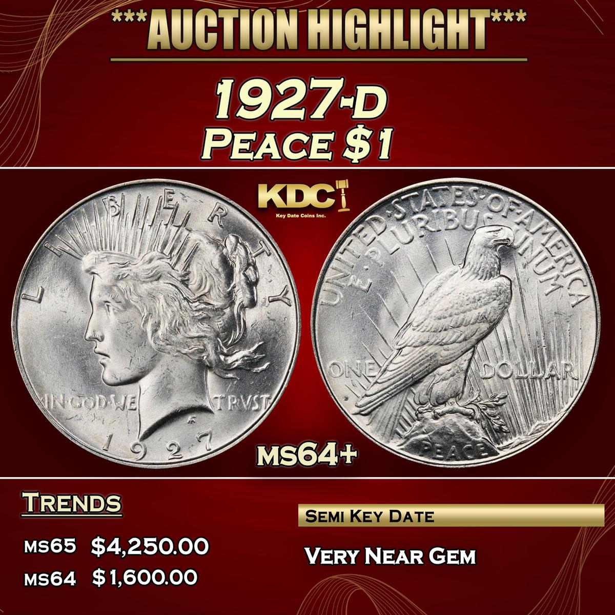 1927-d Peace Dollar $1 ms64+ SEGS