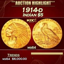 1914-d Gold Indian Half Eagle $5 ms64 USCG