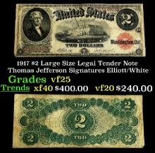 1917 $2 Large Size Legal Tender Note Thomas Jefferson Grades vf+ Signatures Elliott/White