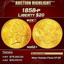 1858-p Gold Liberty Double Eagle $20 ms62+ USCG
