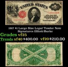 1917 $1 Large Size Legal Tender Note Grades vf+ Signatures Elliott/Burke
