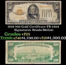 1928 $50 Gold Certificate FR-2404 Signatures Woods/Mellon Grades vf+