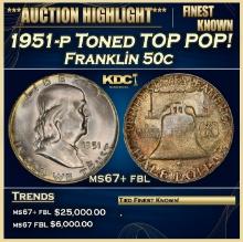 1951-p Franklin Half Dollar Toned TOP POP! 50c ms67+ fbl SEGS